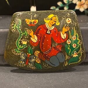 Hand-Painted Ceramic Decorative Brooch with Folk Art Design